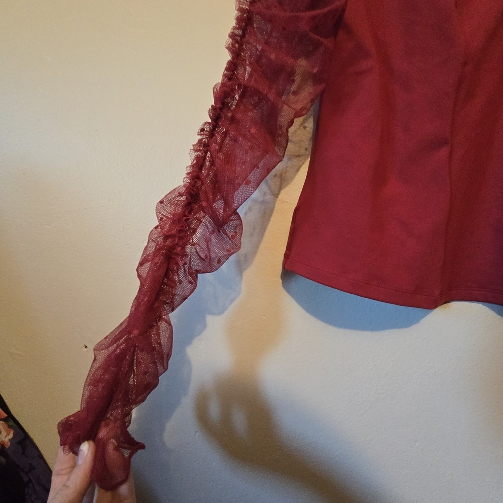 Intimately Free People NWT Vibing You Top Women's XL Wine Mesh Ruched Sleeves - Picture 3 of 12